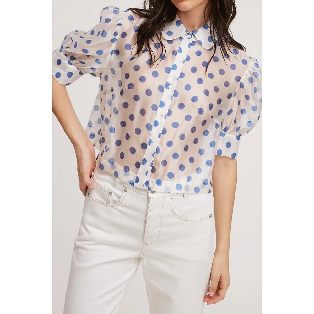 En Saison White Blue Polka Dot Sheer Organza Puff Sleeve Blouse Top Sz Small